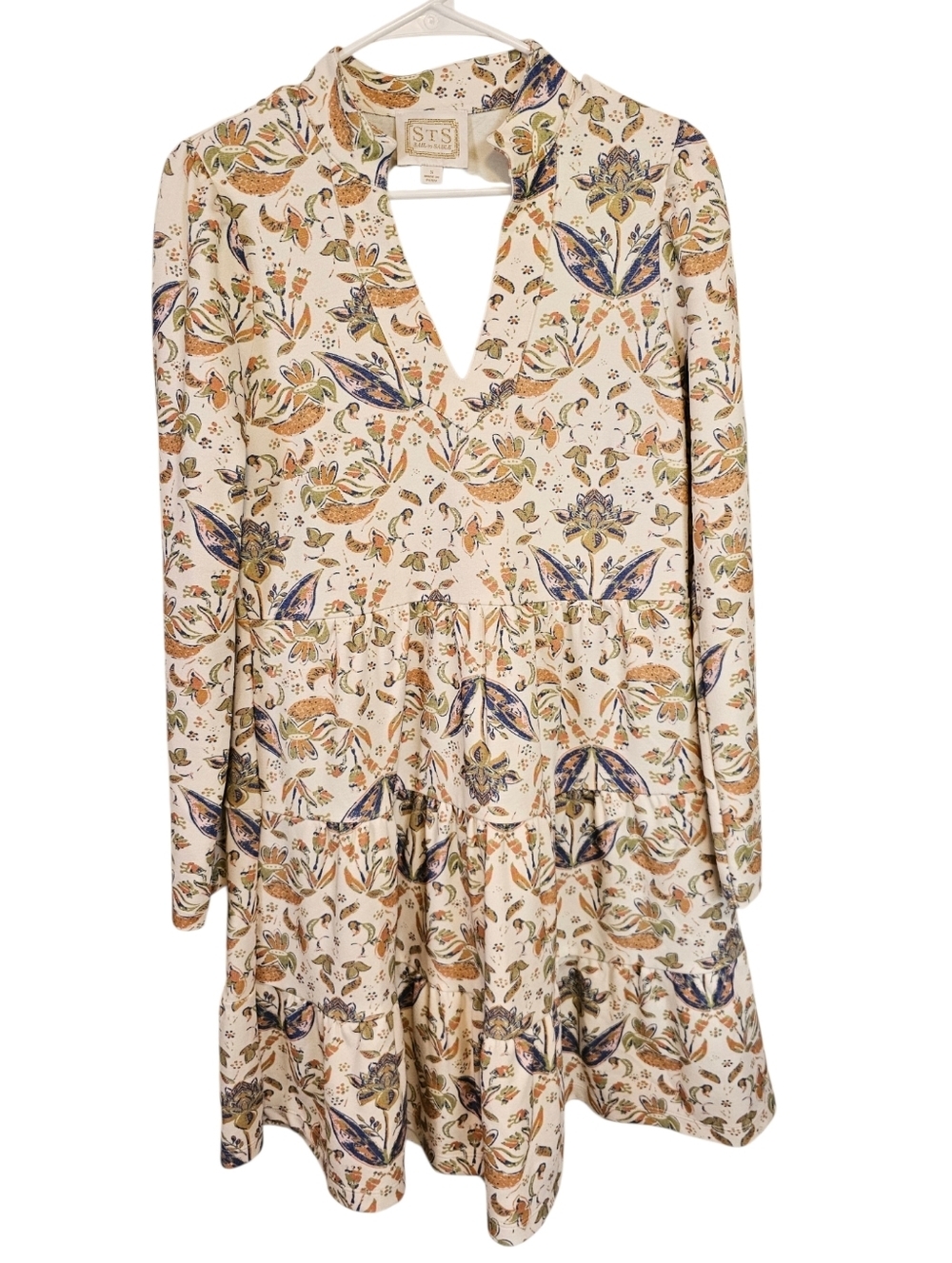 Sail To Sable Long Sleeve Tunic Flare Tiered Floral Vneck Dress